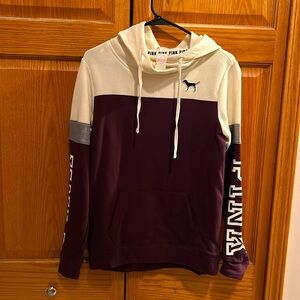 Women’s pink sweatshirt, size XS. Cross neck hoodie. Cream and burgundy w gray..